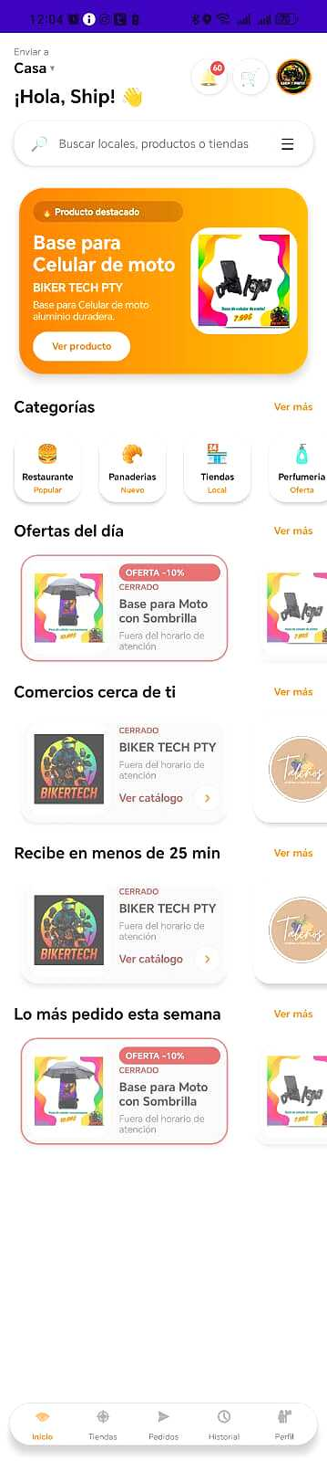 Pantalla de inicio del cliente en ShipXpress