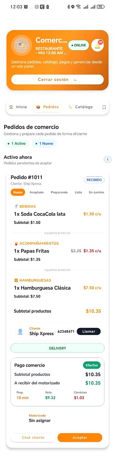 Pantalla de pedidos del comercio en ShipXpress