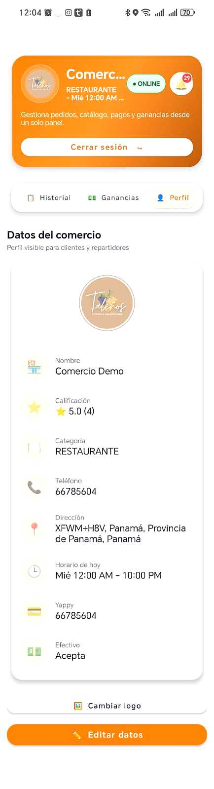 Perfil del comercio en ShipXpress