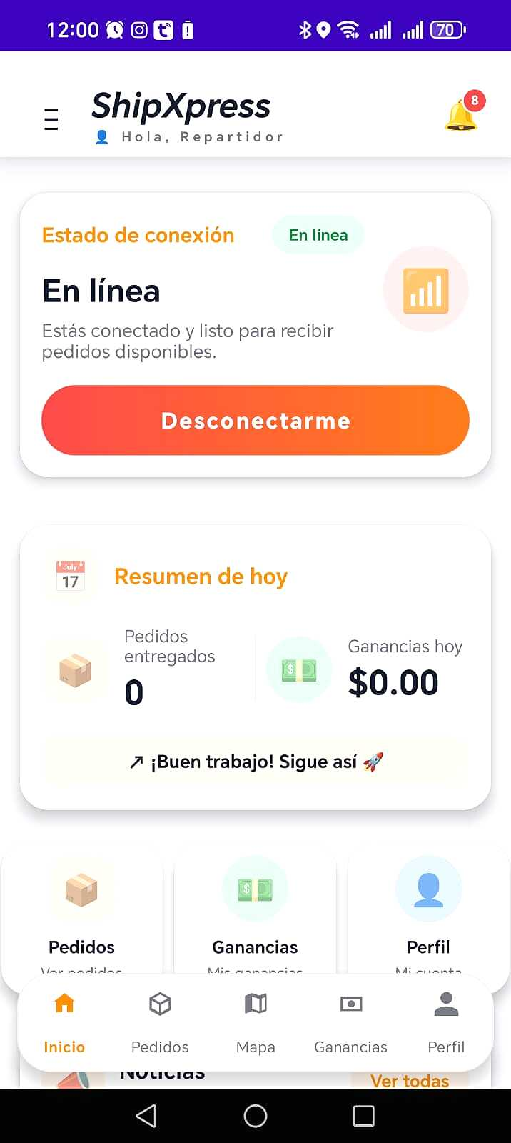 Inicio del repartidor en ShipXpress